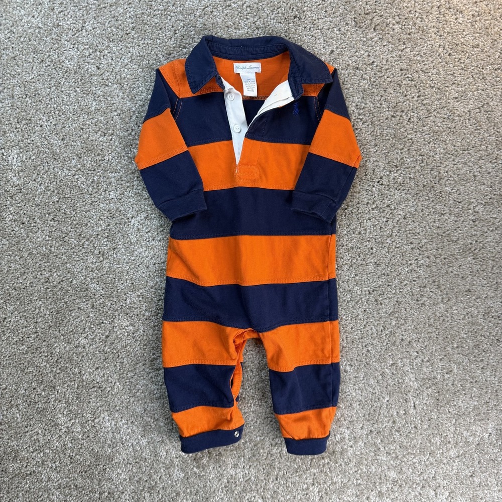 Ralph Lauren Romper Baby Boys 9M Blue Orange Striped Collared One Piece